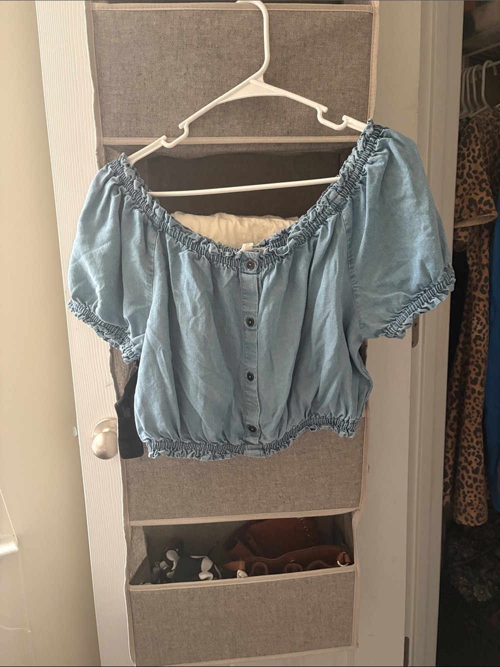 Blue Off-Shoulder Button-Front Crop Blouse